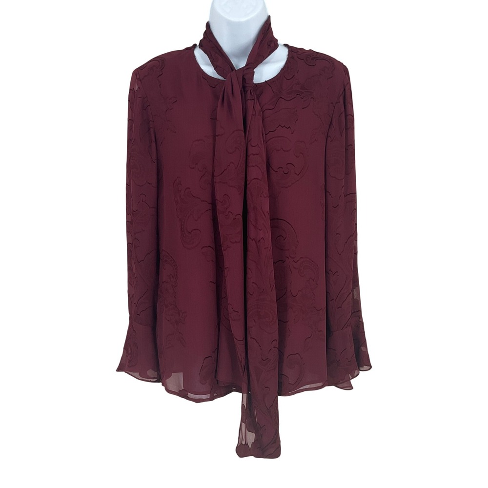 St John Blouse Women 6‎ Burgundy Silk Tie Neck Paisley Burnout Elegant Luxury